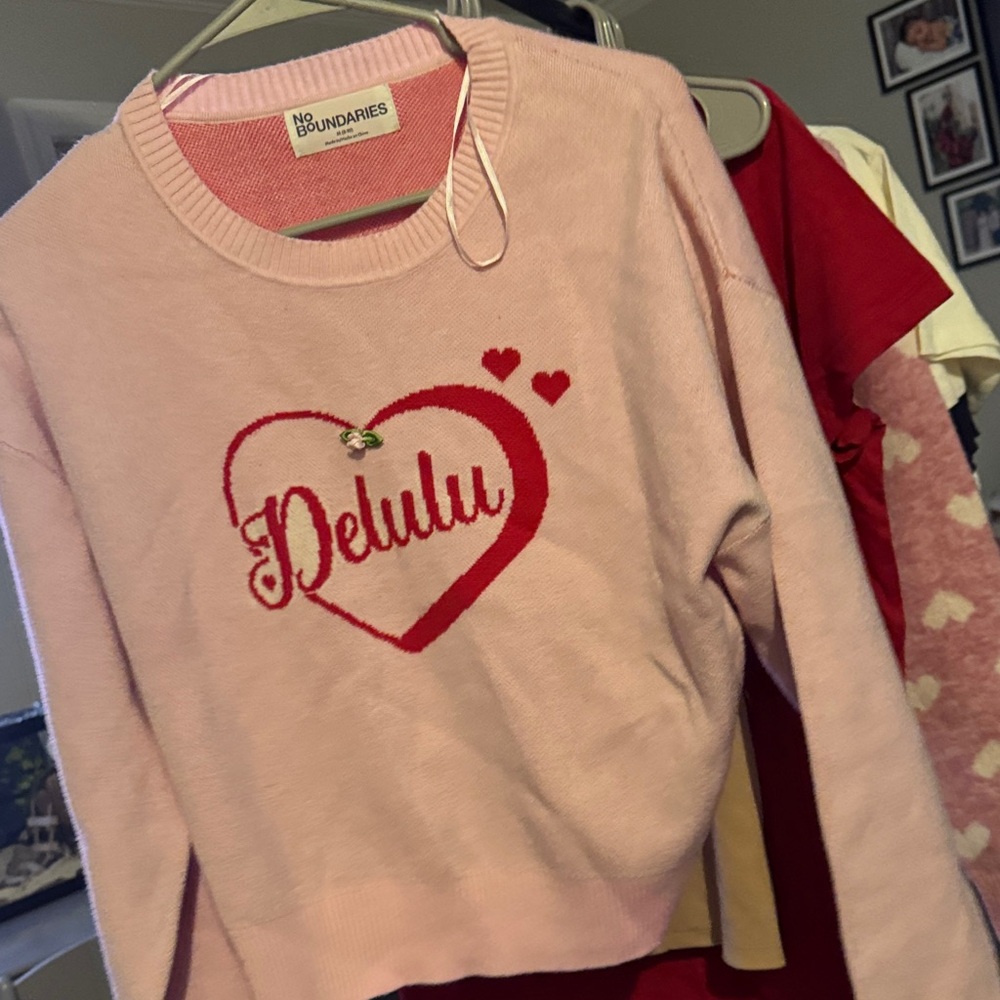No Boundaries Pink 'Delulu' Heart Sweater